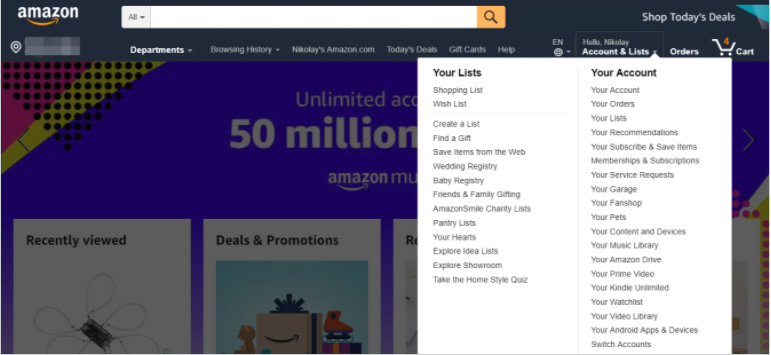Screenshot of Amazon Menu